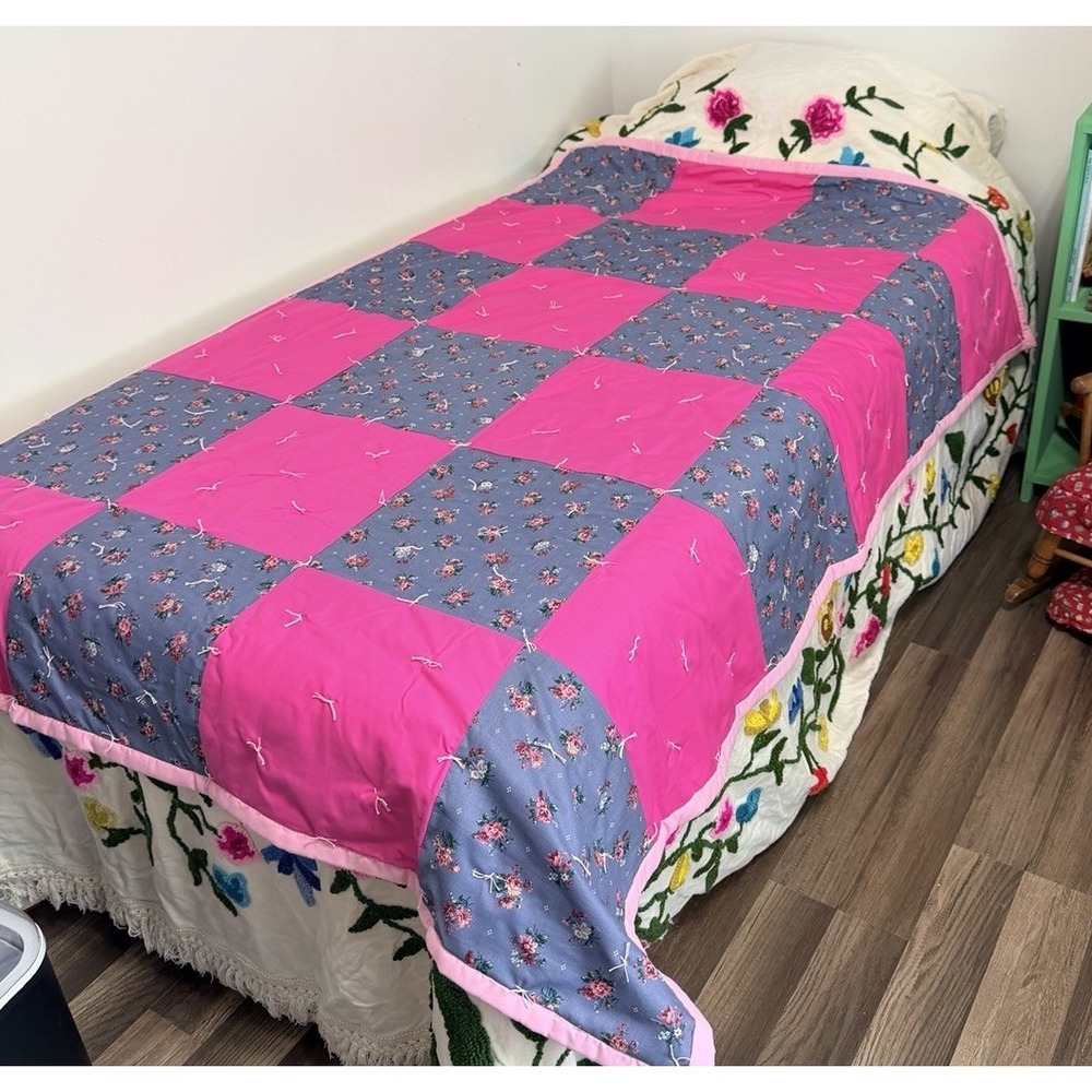 Handmade Quilt 69 By 47 Pink Blue Floral Retro New Cottage Grandmacore Blanket
